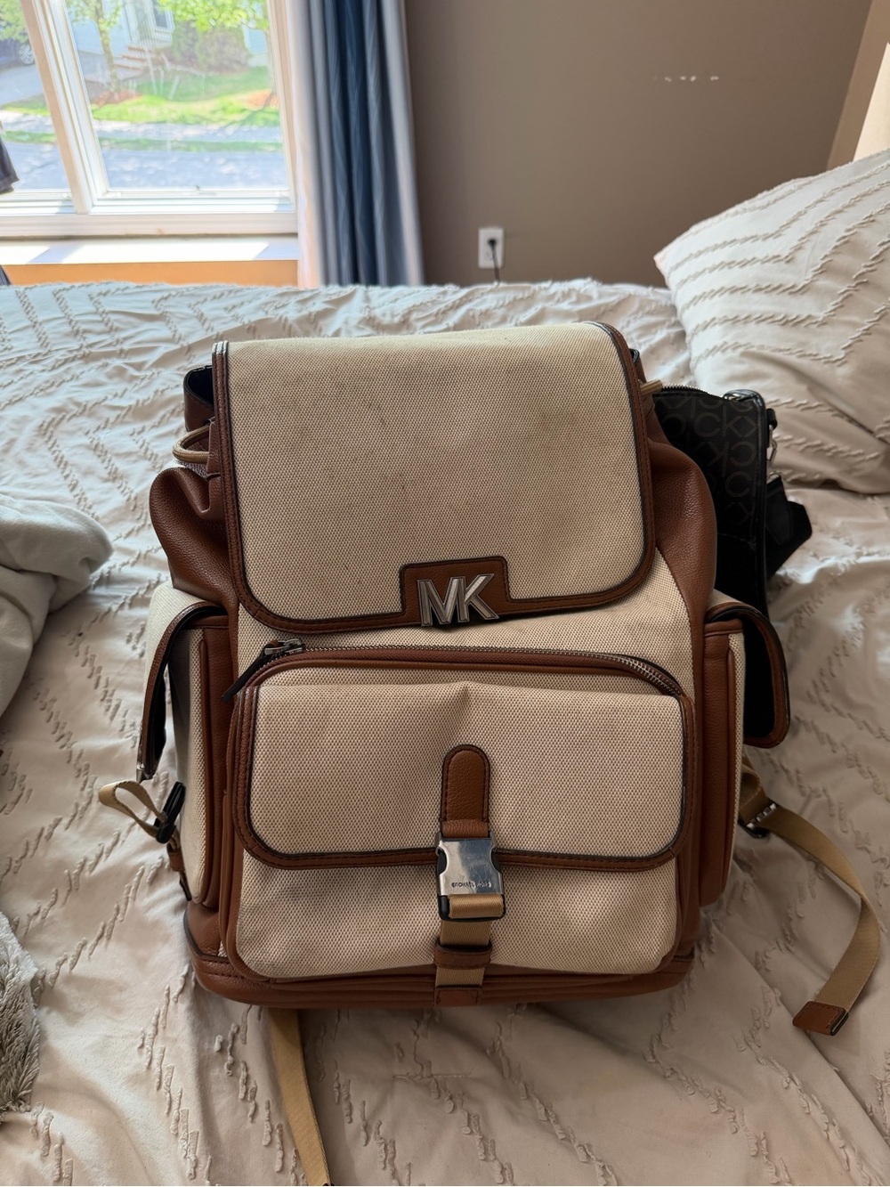 Michael Kors Cream and Brown Canvas Backpack with MK Hardware